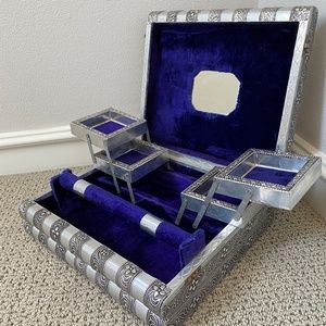 Jewelry Box- Silver Metal and Wood Embossed Elephants Jewelry Box from India